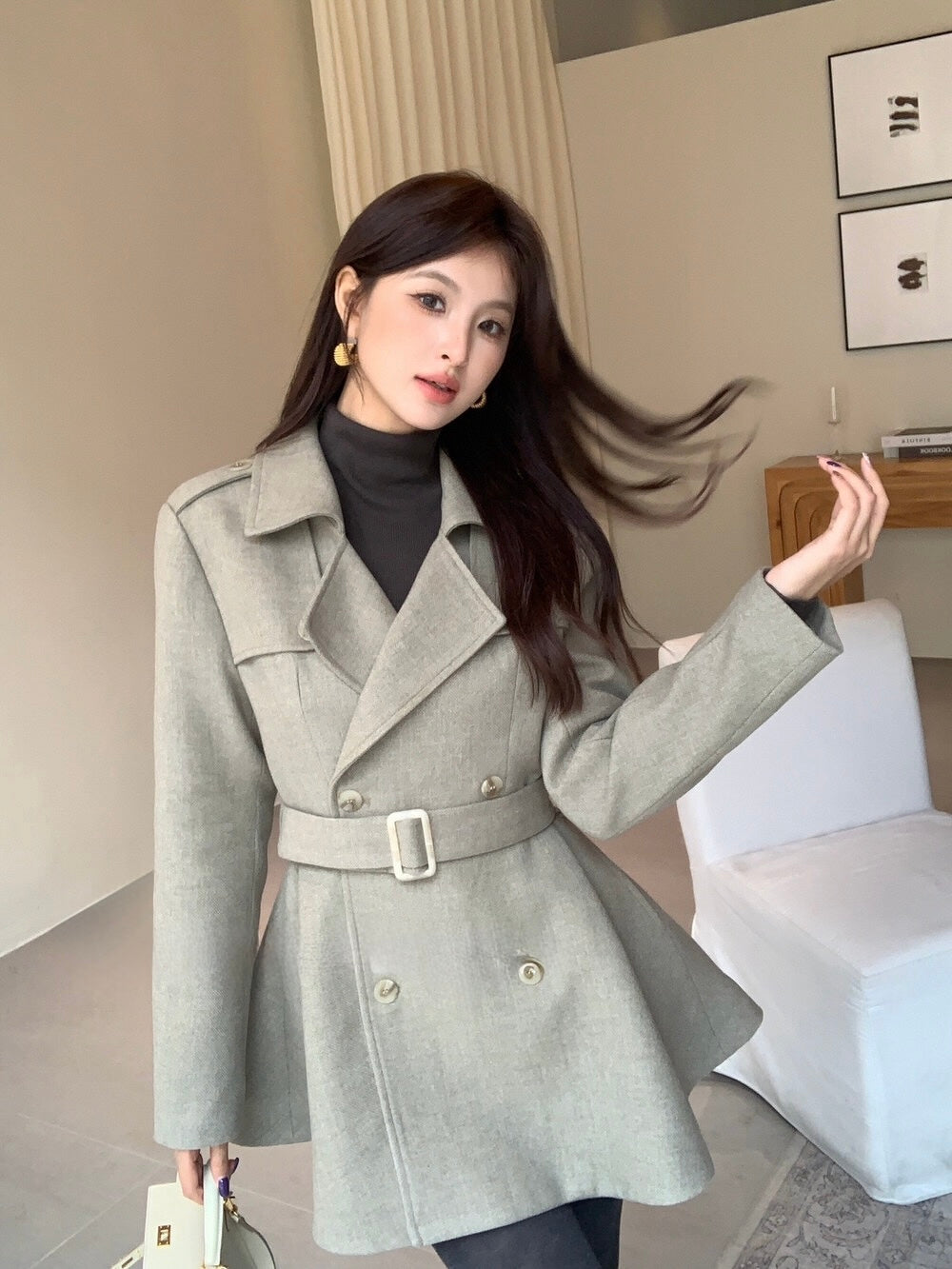 [Elegant] 10% Wool Workwear Coat with Belt