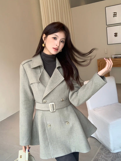 [Elegant] 10% Wool Workwear Coat with Belt