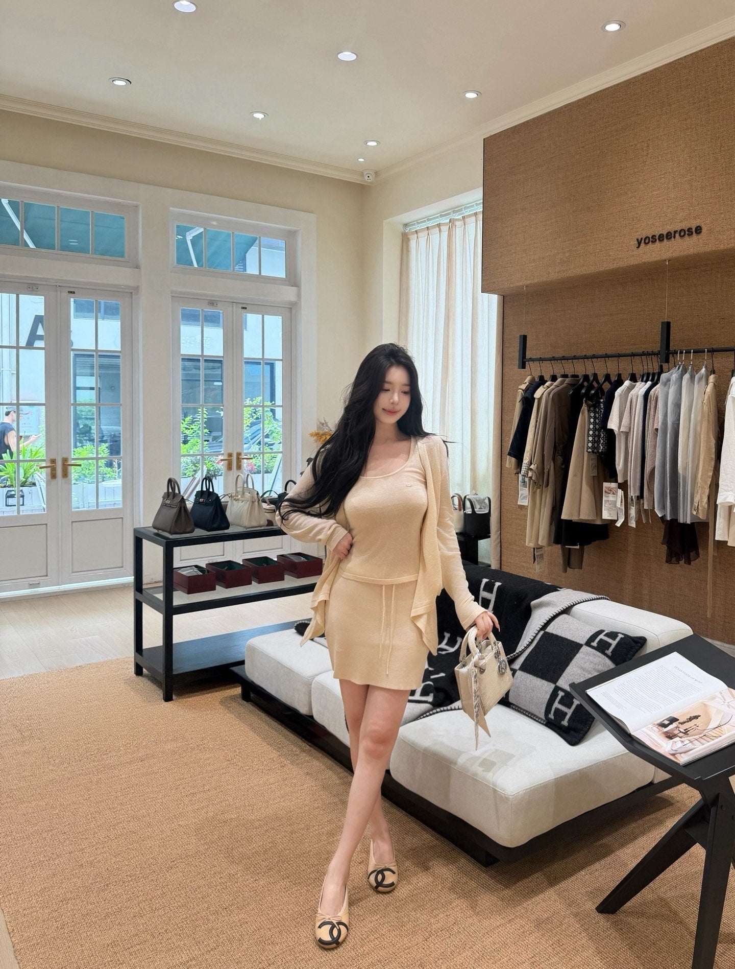 [Sweet] Soft Knit Cardigan Tank Top and Skirt Three-Piece Set (QH-015)