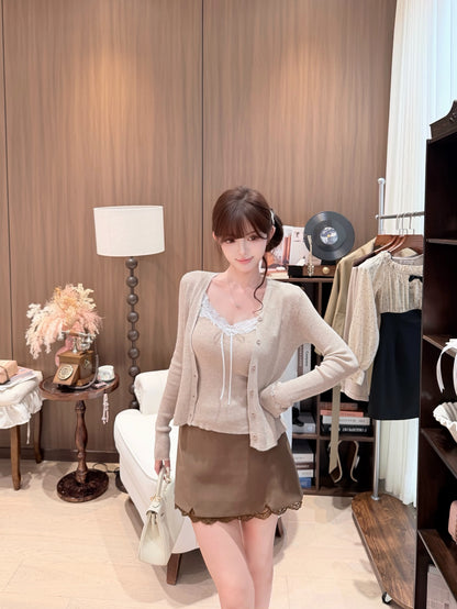 [Romantic] Lace Trim Cami and Knit Cardigan Set (QH-020)