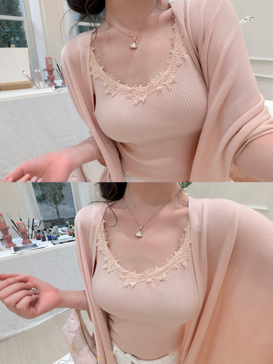 [Little Sexy] Lace V-neck Camisole + Cardigan Set