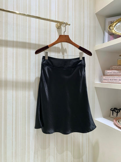 [Elegant] Lace Trim Satin High-Waist Midi Skirt (Q1355)