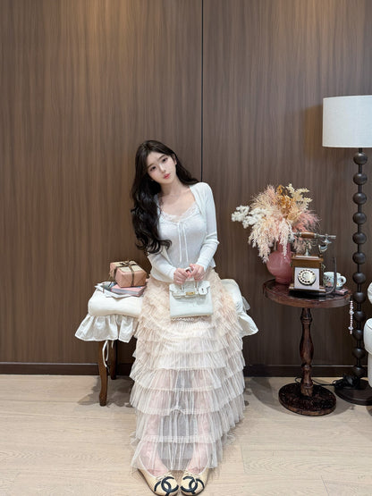 [Romantic] Lace Trim Cami and Knit Cardigan Set (QH-020)