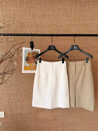 [Lumi Premium] French Silk Blouse & Linen Skirt + Belt Set