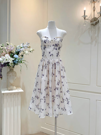 [Artistic] Purple/Blue Floral Sweetheart Neckline Dress (QF066)