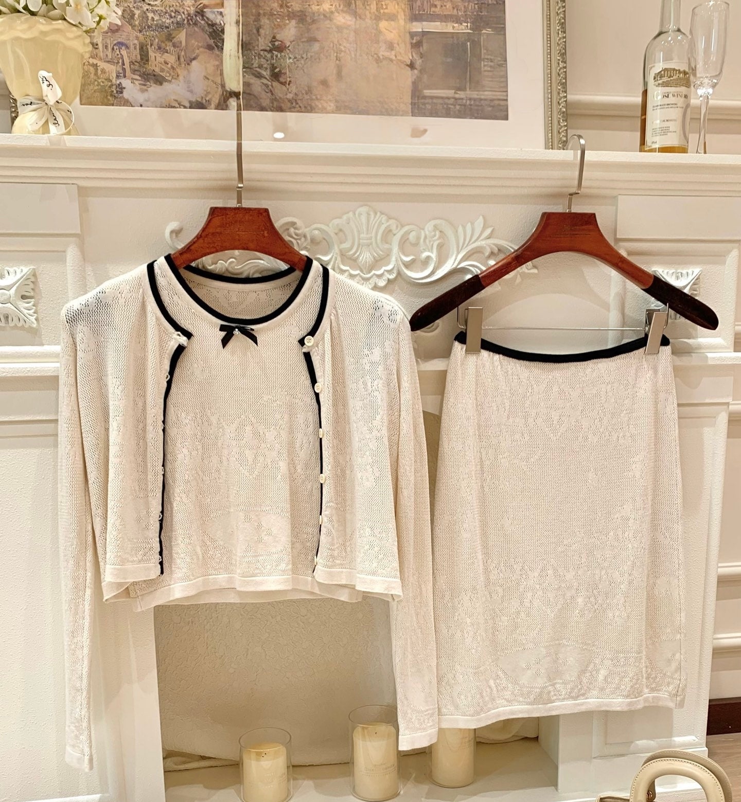 [Workwear] French Contrast Trim Lace Knit Cardigan and Skirt Set (QH-09)⁠