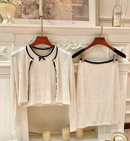 [Workwear] French Contrast Trim Lace Knit Cardigan and Skirt Set (QH-09)⁠