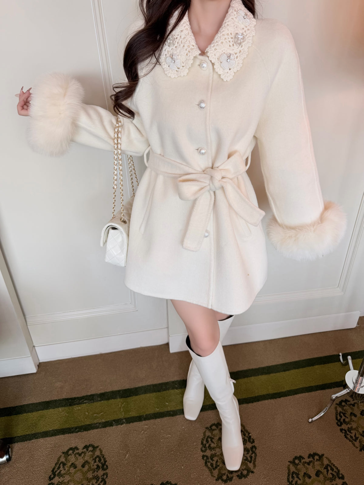 ⁠[Girly] Beaded Crochet Collar Fur Trim Belted 100% Australian Wool Coat (YRDY-015)