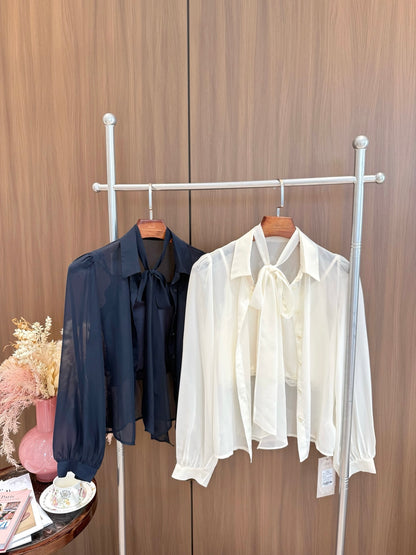 [Bestseller] French Tie-Neck Bow Chiffon Blouse (Q1382)