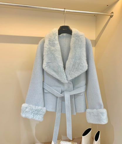 ⁠[Stylish] Fox Fur Collar Belted Double-Faced Wool Short Coat (YRDY-022)⁠