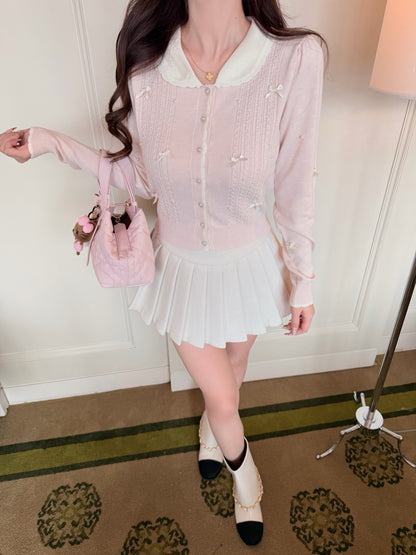 ⁠[Coquette] Doll Collar Ribbon Beaded Knit Cardigan (MY5813)⁠