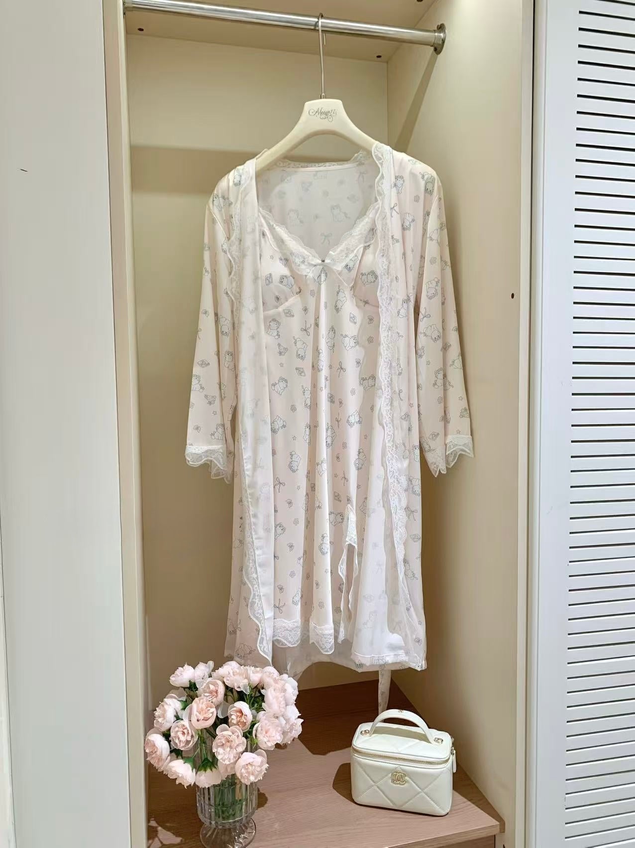 [Pajamas] Padded Cami Slip Dress + Robe Sleepwear Set (SY073)