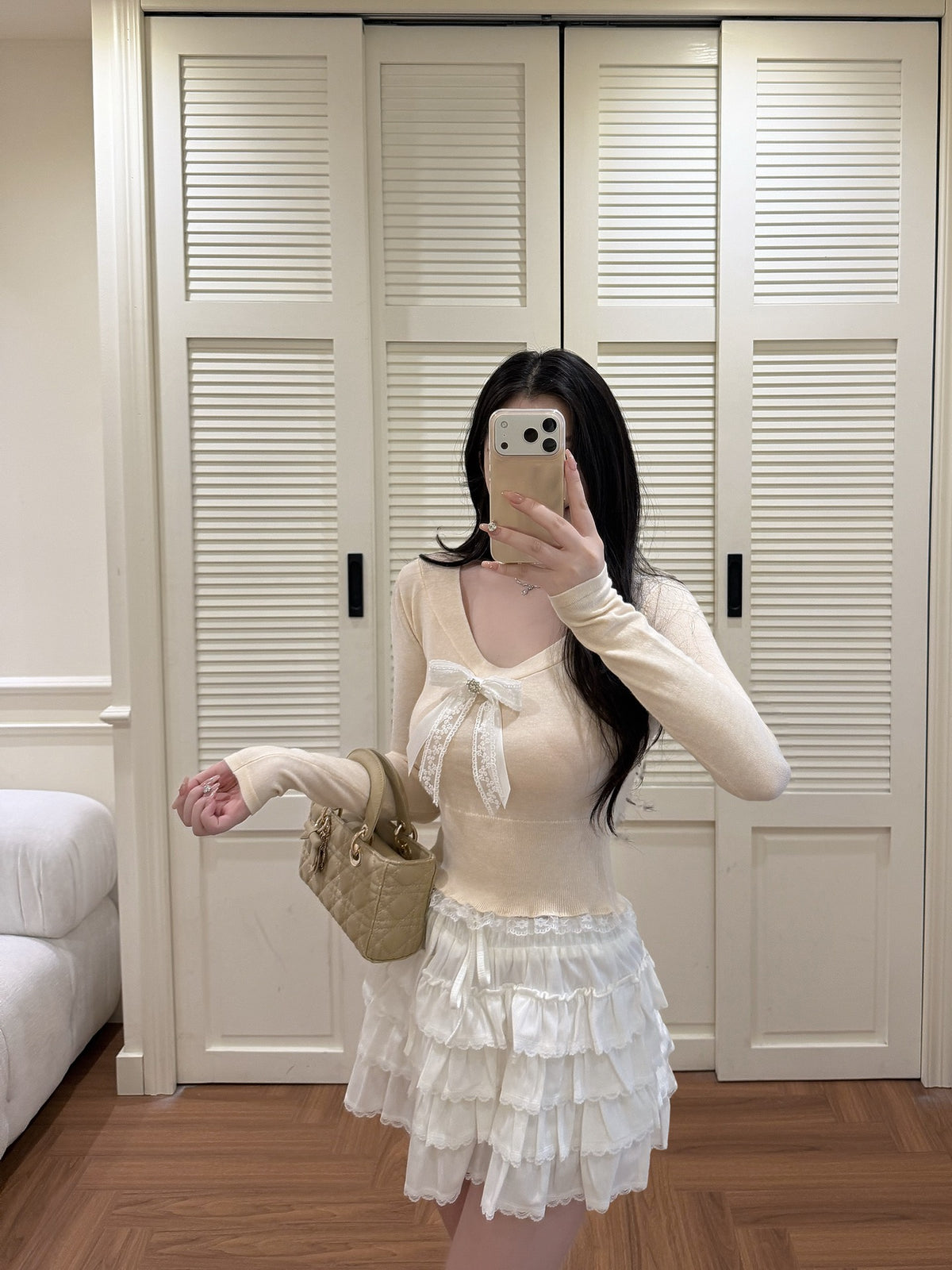 [Sweet] Wool Lace Bow V-Neck Top (MY5817)
