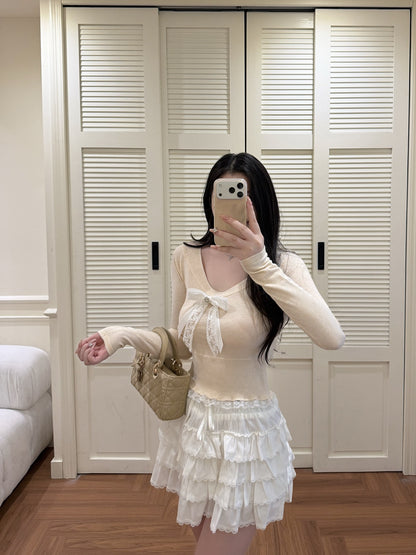 [Sweet] Wool Lace Bow V-Neck Top (MY5817)