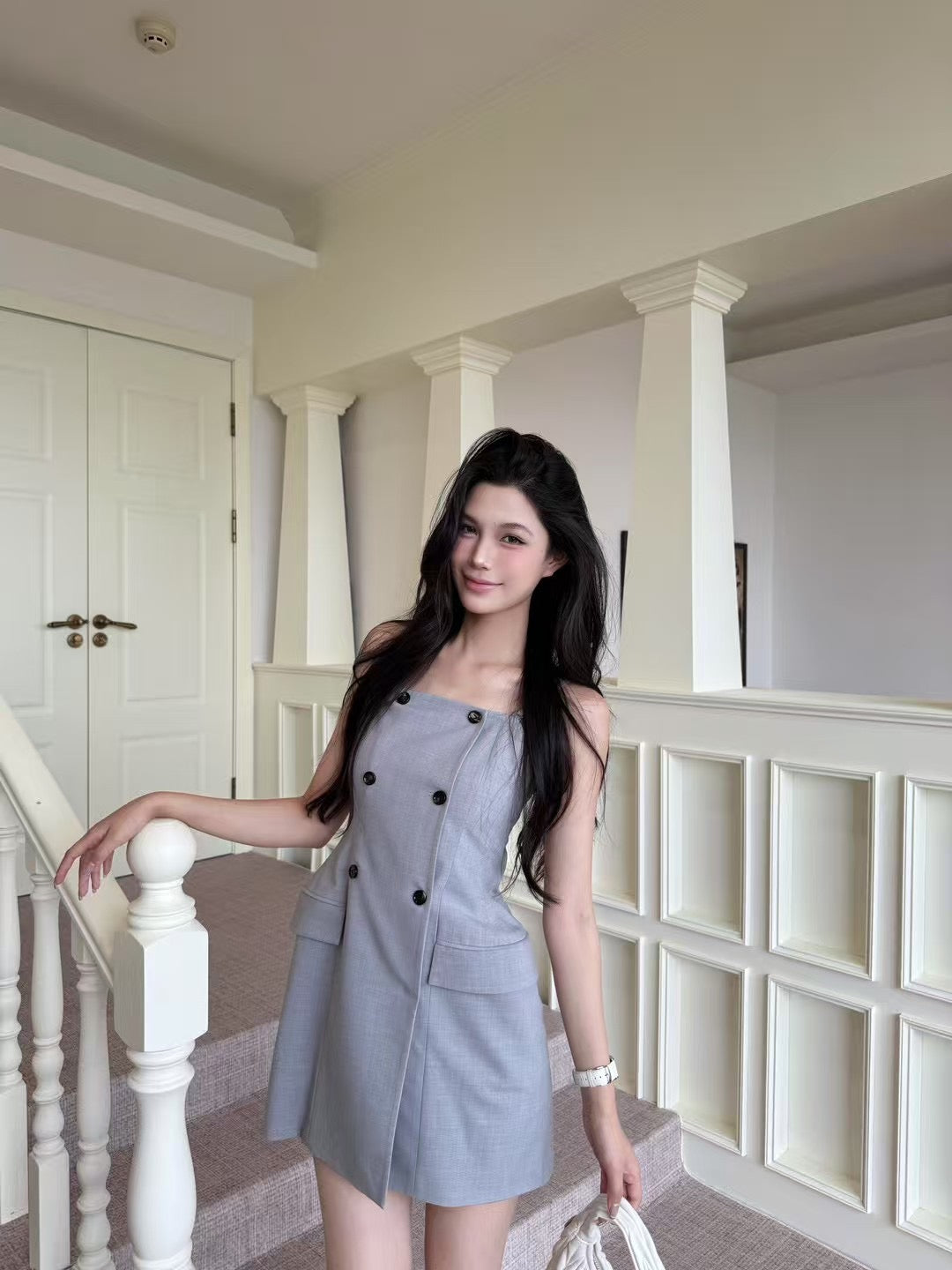 [Celebrity] Double-breasted Suspender Dress