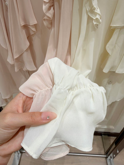 [Workwear] Ruffle Pink & Beige Chiffon Shirt (Q053)