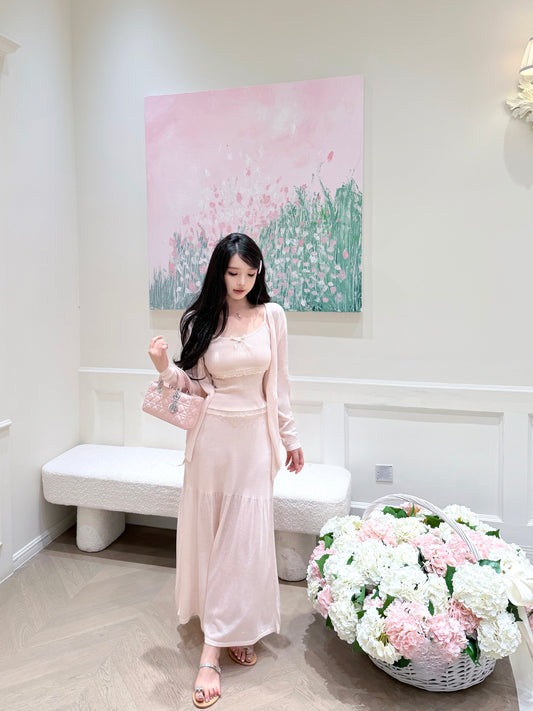 [Elegant] Ruffle Cami + Knit Cardigan + Flared Midi Skirt 3-Piece Set (QF110+QF111)