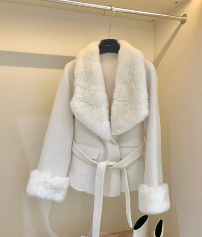 ⁠[Stylish] Fox Fur Collar Belted Double-Faced Wool Short Coat (YRDY-022)⁠