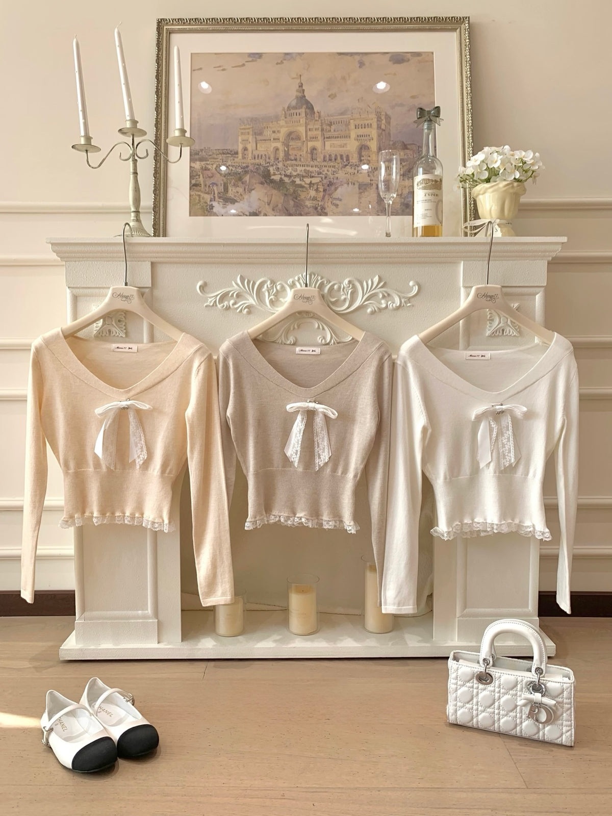 [Sweet] Wool Lace Bow V-Neck Top (MY5817)