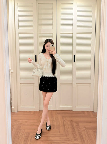 [Sweet] Wool Lace Bow V-Neck Top (MY5817)