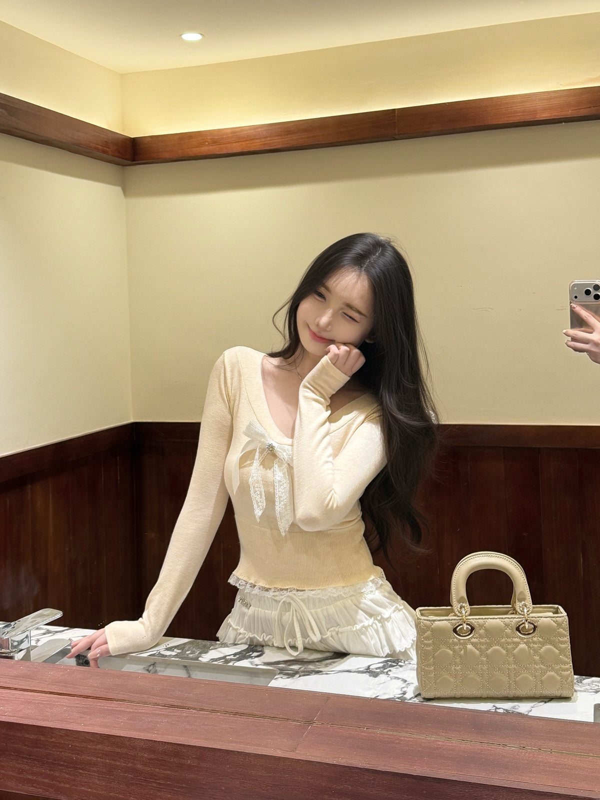 [Sweet] Wool Lace Bow V-Neck Top (MY5817)