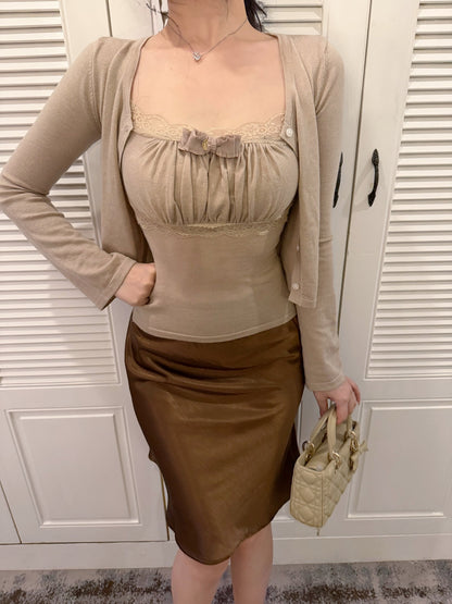 [Elegant] Lace Trim Satin High-Waist Midi Skirt (Q1355)