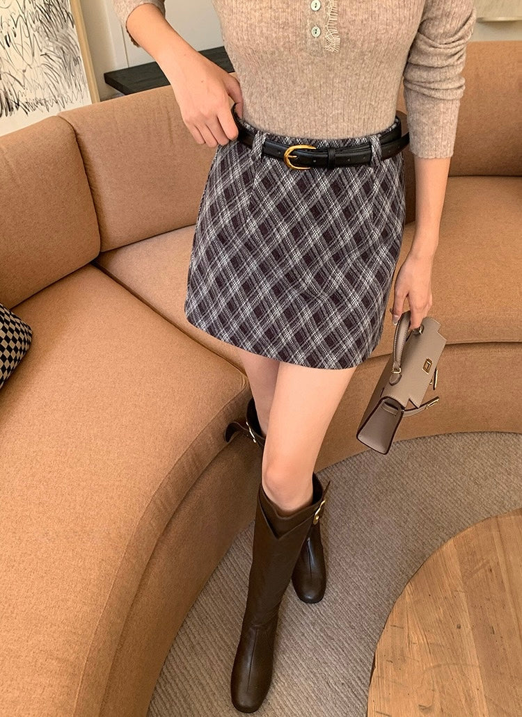 [Retro] High-Waisted Plaid A-Line Skirt
