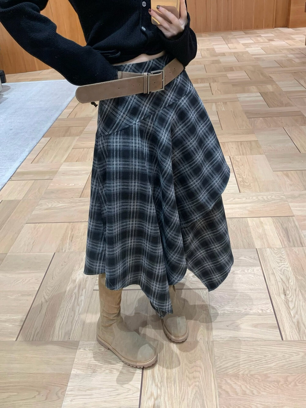 [Fashion] Designer Plaid Long Skirt (with belt)