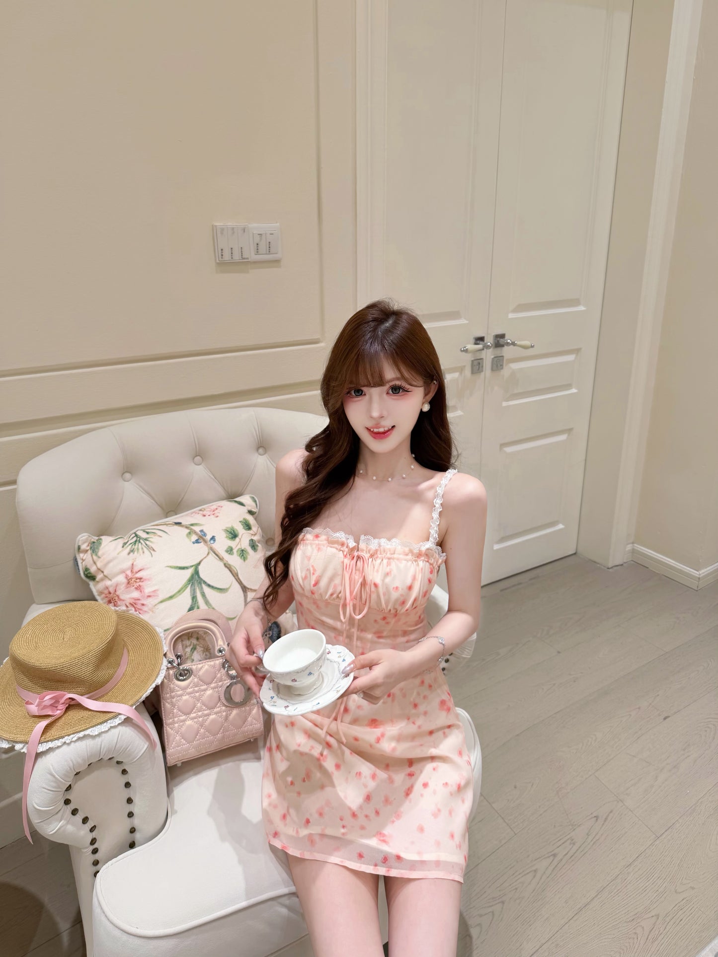 [Artistic] Watercolor Floral Lace Strap Mini Dress (QF083)