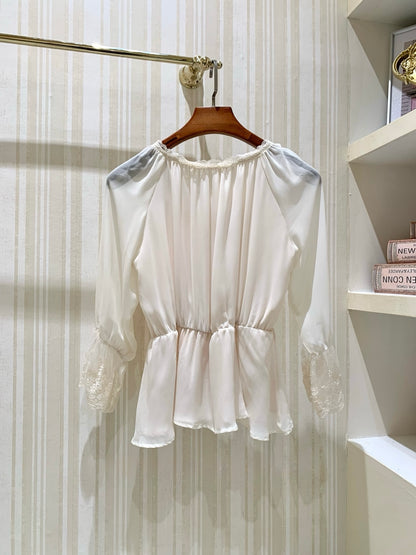 [Romantic] French Lace Trim Tie-Front Chiffon Blouse (Q1361)