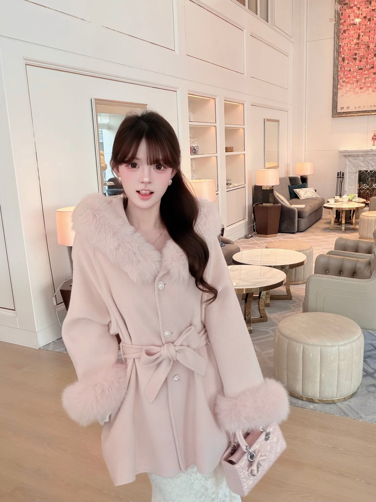 ⁠[Luxe] Fox Fur Collar Belted 100% Australian Wool Coat (YRDY002)⁠