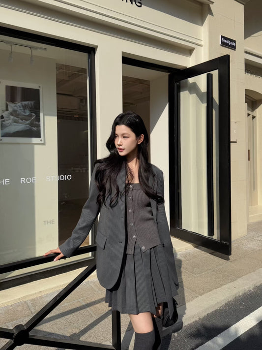 [Miu Style] Stripes Blazer + Pleated Skirt Set