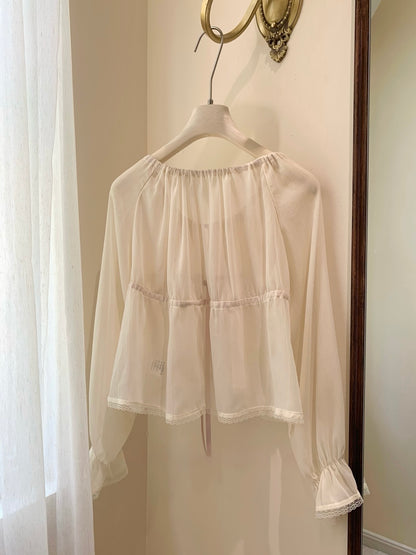 ⁠[Girly] French Romantic Ruffle Ribbon Chiffon Blouse (QH-031)⁠