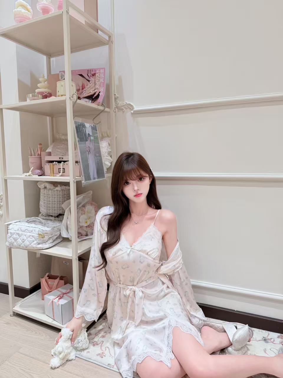[Pajamas] Padded Cami Slip Dress + Robe Sleepwear Set (SY073)