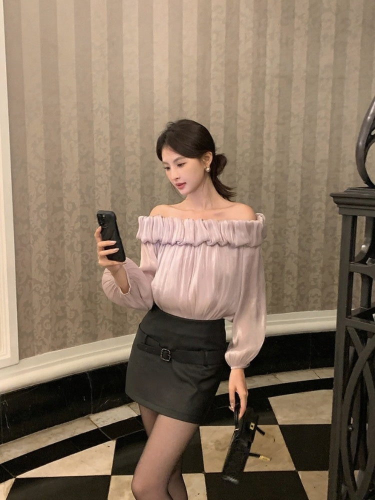 [Stylish] White Label Off-Shoulder Chiffon Top