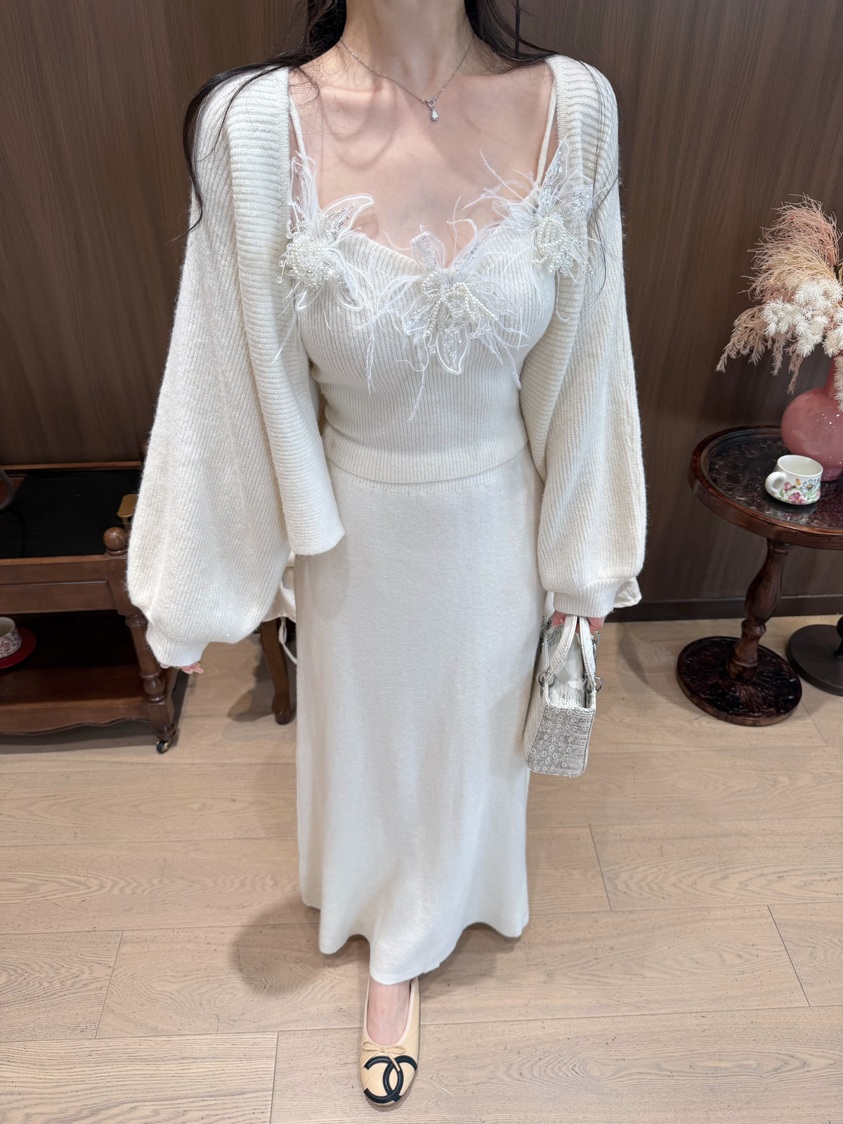 [Elegant]Japanese Style Feather Lace 3-Piece Knit Set (QH-076)