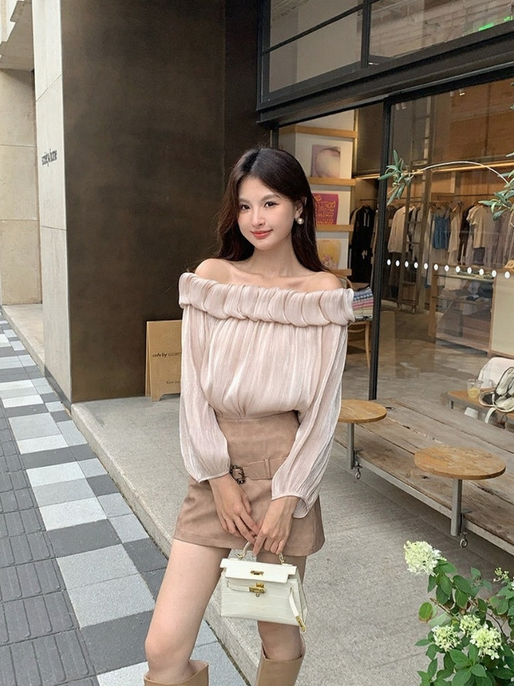 [Stylish] White Label Off-Shoulder Chiffon Top