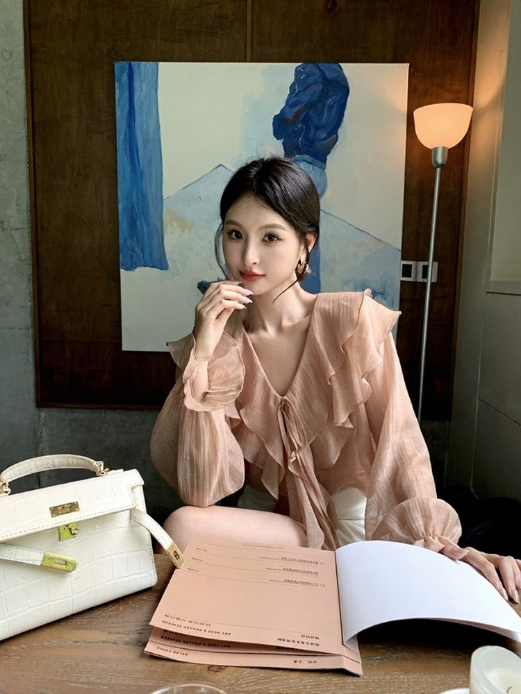 [Elegant] Autumn V-neck chiffon Top