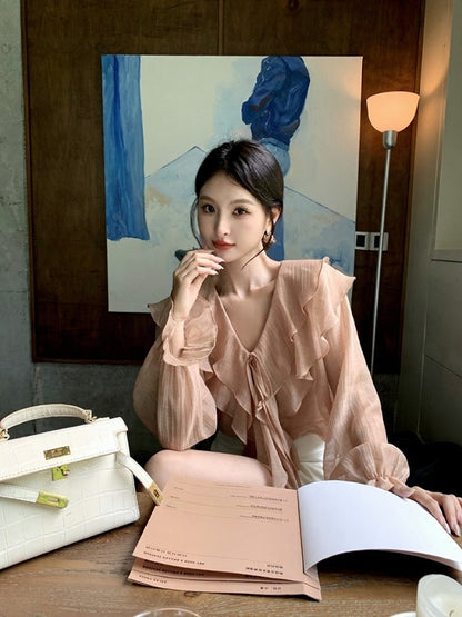 [Elegant] Autumn V-neck chiffon Top