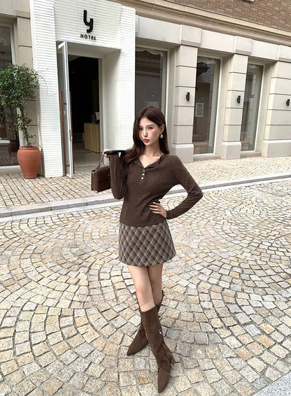 [Retro] High-Waisted Plaid A-Line Skirt