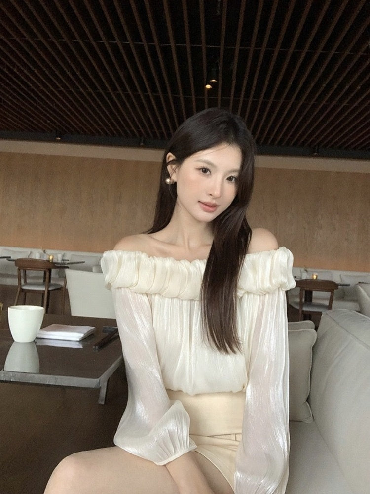 [Stylish] White Label Off-Shoulder Chiffon Top
