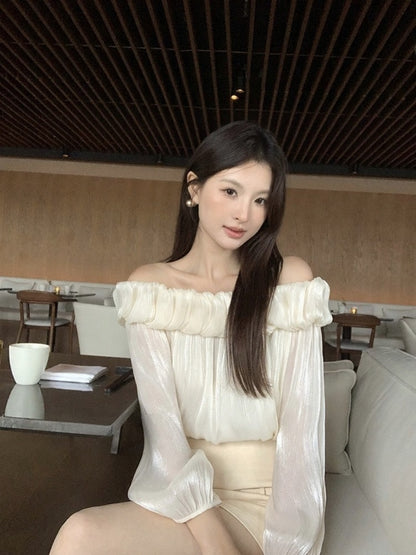 [Stylish] White Label Off-Shoulder Chiffon Top