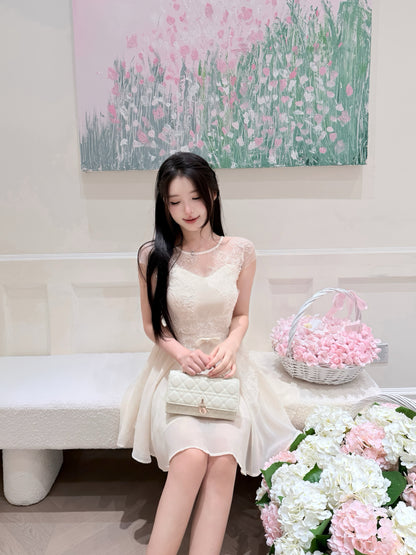 [Girlgod] Beaded Lace Mesh Overlay A-Line Dress (QF099)