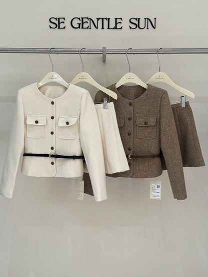 [Workwear] OL Tweed Blazer+Pleated Skirt Set (with Belt)
