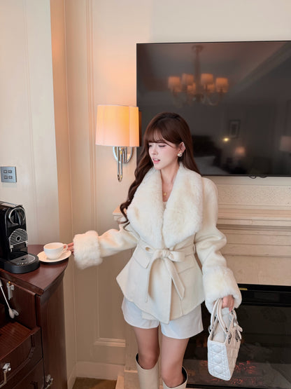 ⁠[Stylish] Fox Fur Collar Belted Double-Faced Wool Short Coat (YRDY-022)⁠
