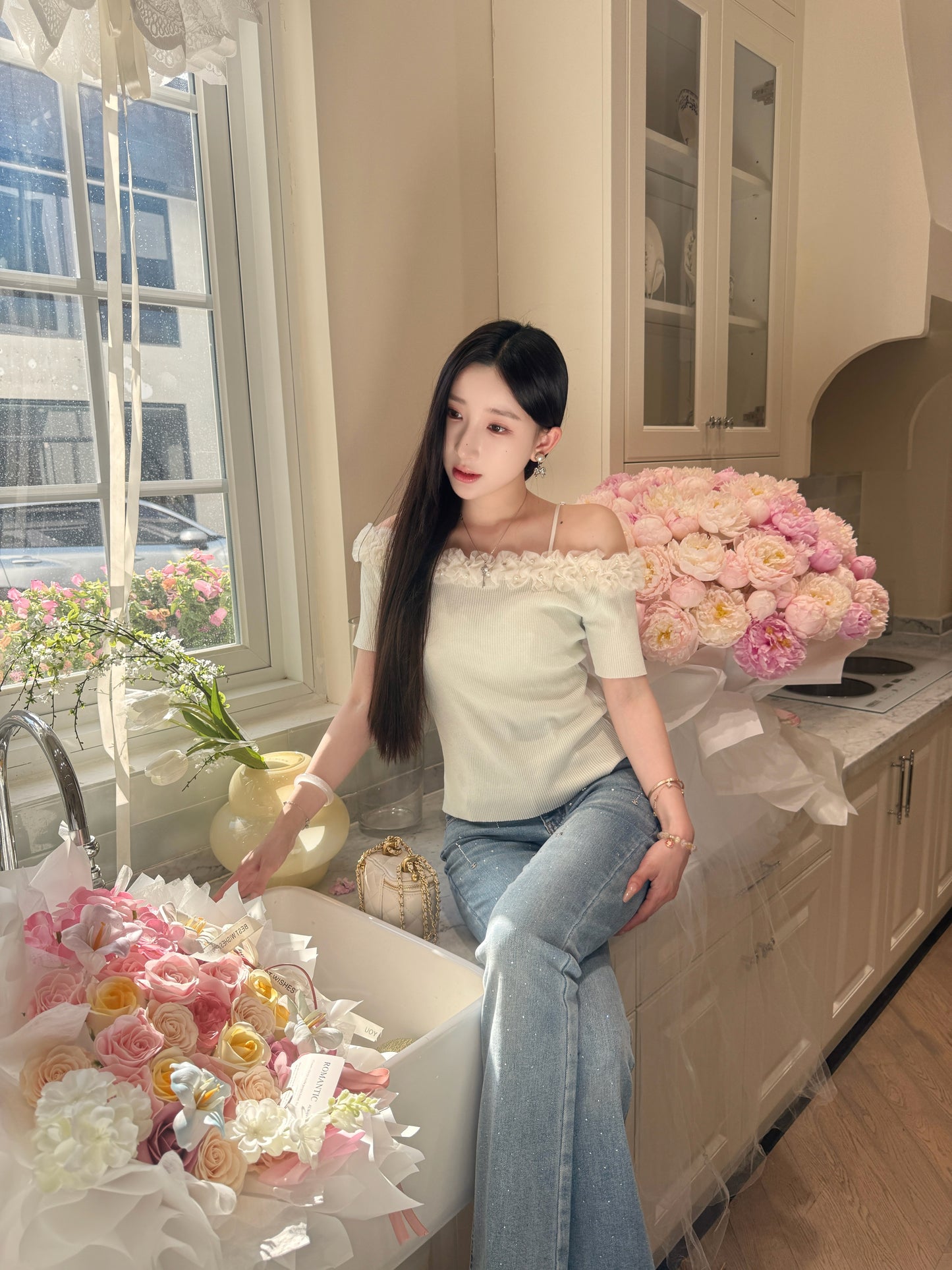 [Girly] Off-shoulder Knitted Green & Beige Top (QF008)