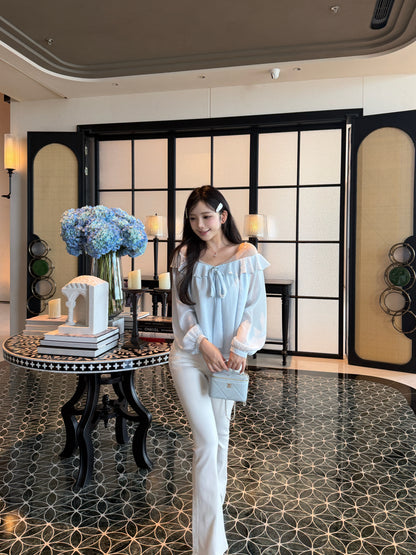 [Bling Bling] Girly Ribbon Blue & White Top (Q089)