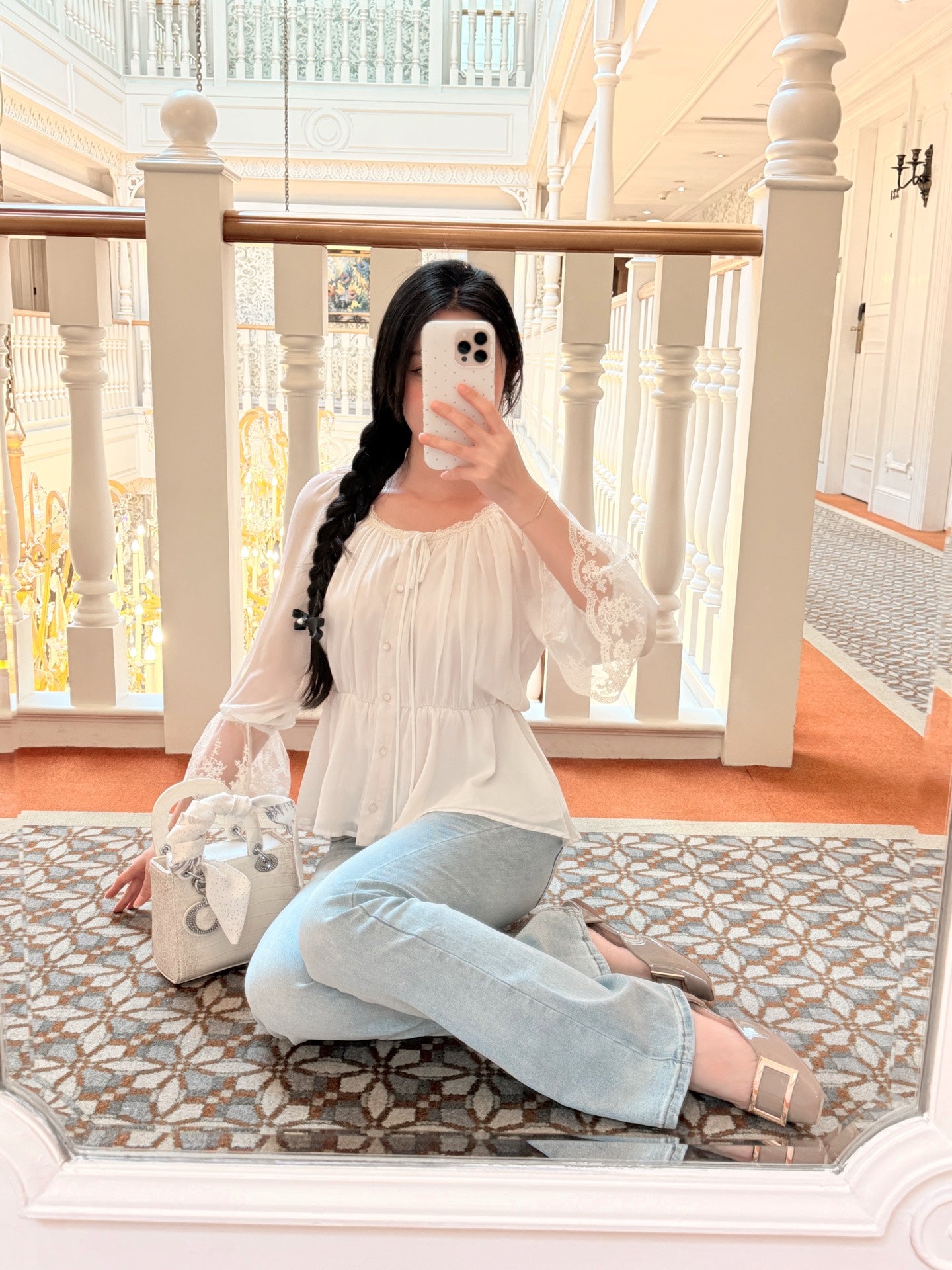 [Romantic] French Lace Trim Tie-Front Chiffon Blouse (Q1361)