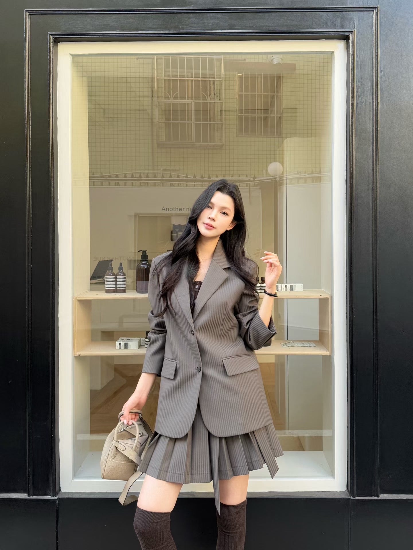 [Miu Style] Stripes Blazer + Pleated Skirt Set