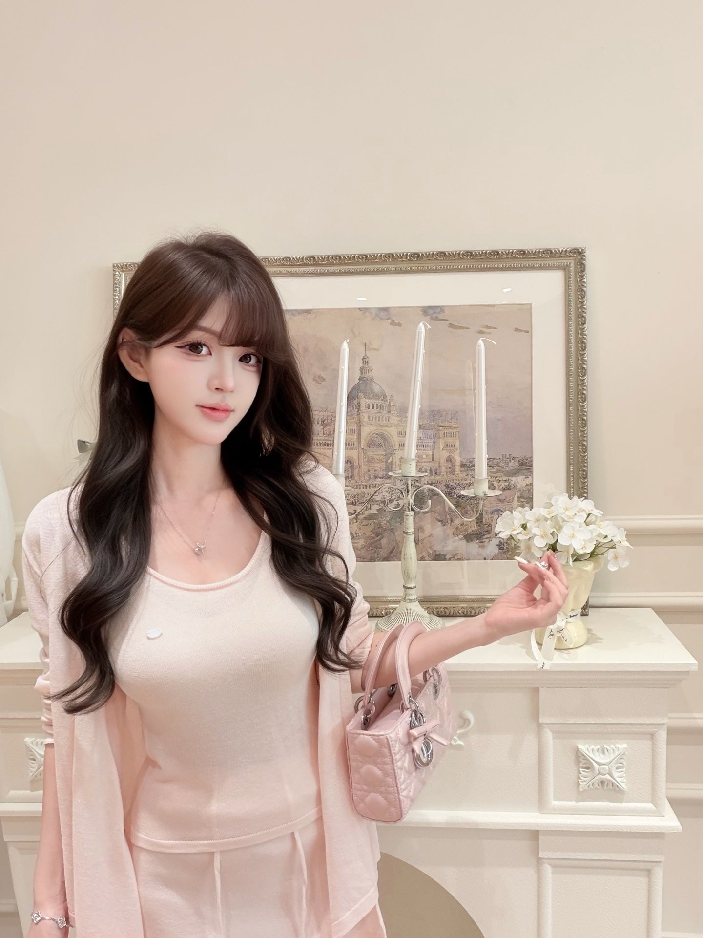 [Sweet] Soft Knit Cardigan Tank Top and Skirt Three-Piece Set (QH-015)